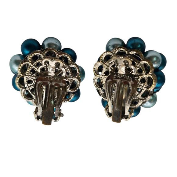 Vintage Japan Bead Cluster Earrings Clip-On Teal Blue Faux Pearl Mid Century - Picture 5 of 7